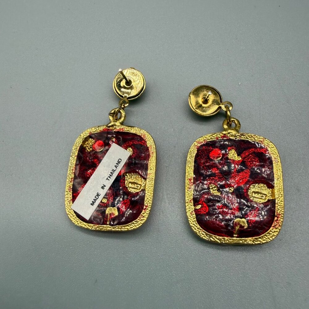 Earrings Dangle Floral Rhinestone Faux Pearls Enamel Asian Gold Tone - Picture 6 of 7